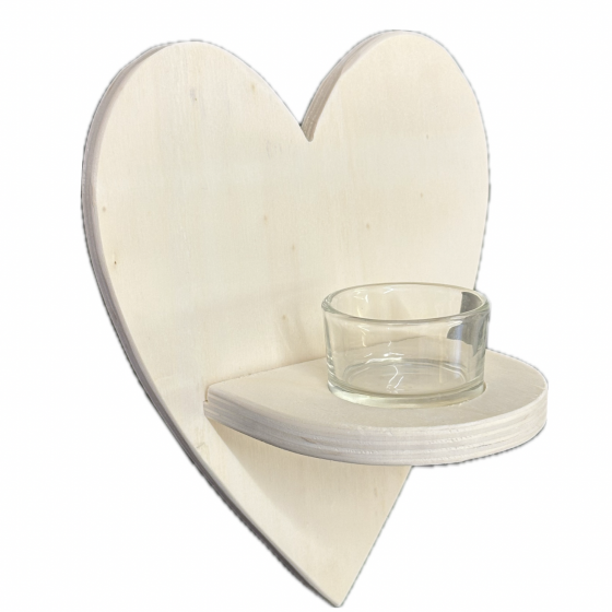 20cm Wooden Heart Plaque Shelf with Glass Tealight Holder - Wall Candle - Valentines Gift