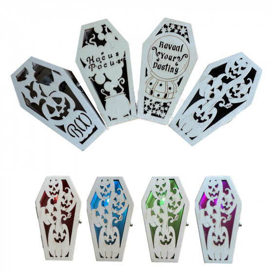 LIMITED EDITION Mini Wooden Decorative Halloween Display Coffins with Cut-Out Designs & Multi-Coloured Lights