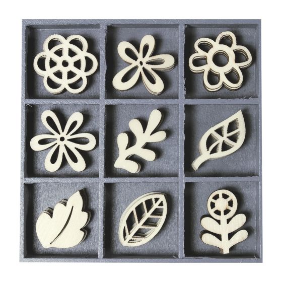 Set of 45 Wooden FLORAL & LEAF FANTASY Laser Cut Shapes (3cm)