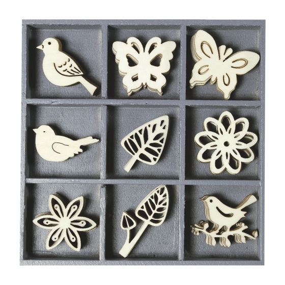 Set of 45 Wooden DELICATE / FLORAL FINE LEAF & BIRD THEMED Laser Cut Shapes (3cm)