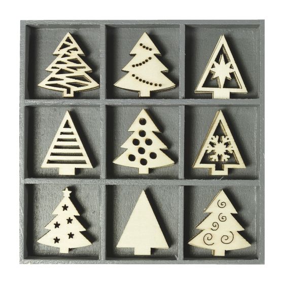 Set of 45 Wooden Christmas Tree Themed Laser Cut Shapes - 3cm