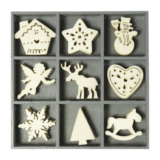 Set of 45 Wooden TREE / ROCKING HORSE GENERAL WOODEN CHRISTMAS SHAPES (no. 4) (3cm)