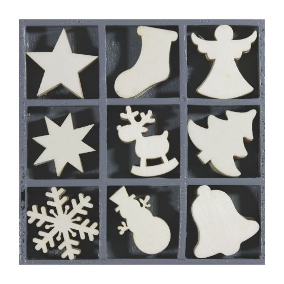 Set of 45 Wooden Basic Stocking/Snowman General Wooden Christmas Shapes 3cm