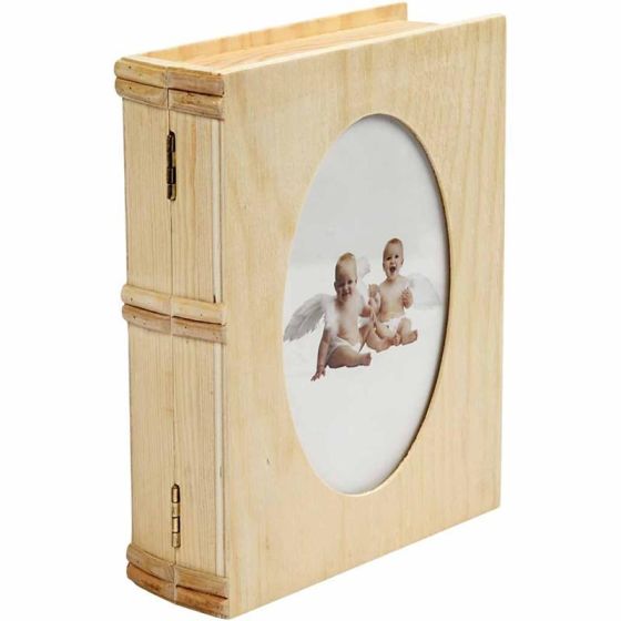 Wooden Book Shaped Hinged Box with Photo Insert on Lid