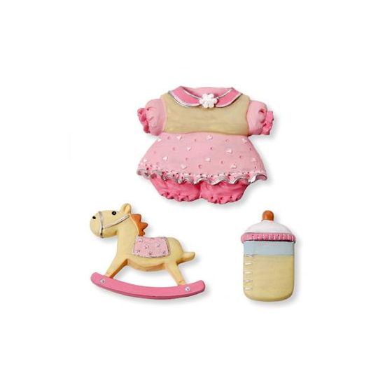 3 Gorgeous Polyresin Decorations  - Outfit, Bottle, Rocking Horse - Baby Girl