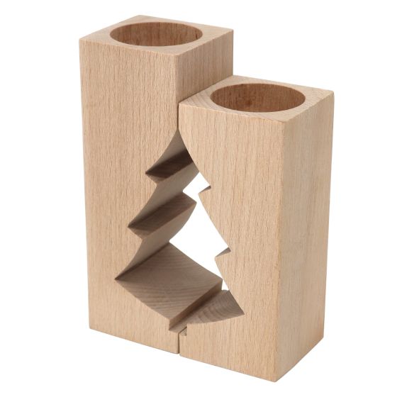 Set of 2 Solid Beech Wood Tealight Holders with CHRISTMAS TREE cut-out