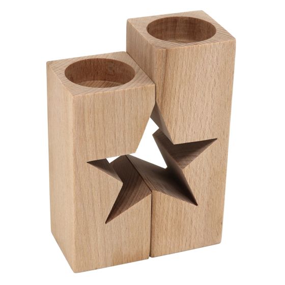 Set of 2 Solid Beech Wood Tealight Holders with STAR cut-out