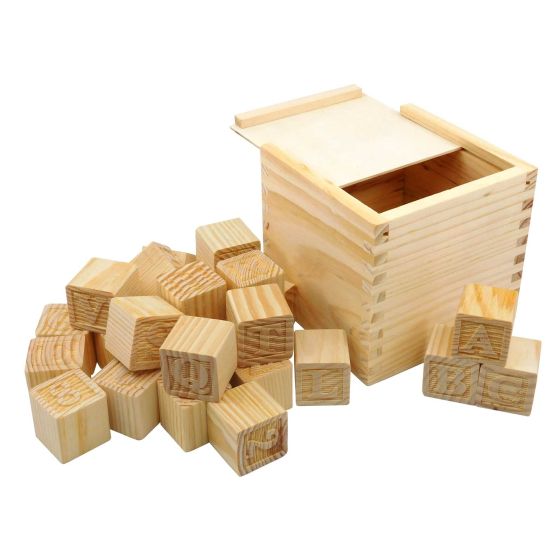 Solid Pine Box with Solid Wooden Building Block with Letters
