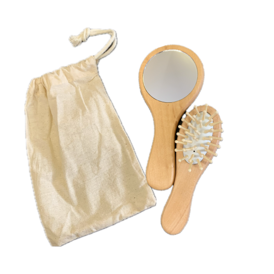 Natural Wood Baby Brush & Mirror Set in Cotton Bag