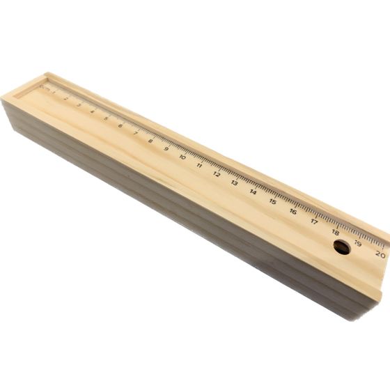 Wooden Sliding Lid Rectangular Pencil Box with Ruler & Coloured Pencils