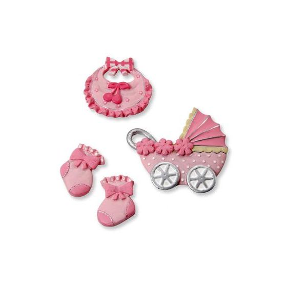 4 Detailed, Chunky Polyresin Decorations  - Pram, Booties & Bib - Baby Girl