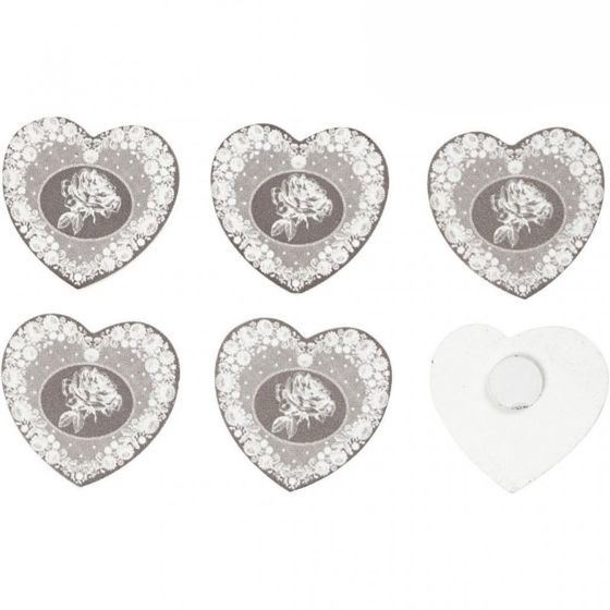 6 Assorted Heart Shaped Silver and White Heart Wood Stickers