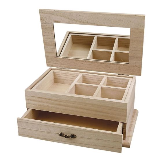 Plain Wooden Jewellery Box with Mirror, Removable Compartment & Drawer