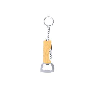 3-in1 Bamboo Wine or Beer Tool Keyring with Bottle Opener, Corkscrew and Blade