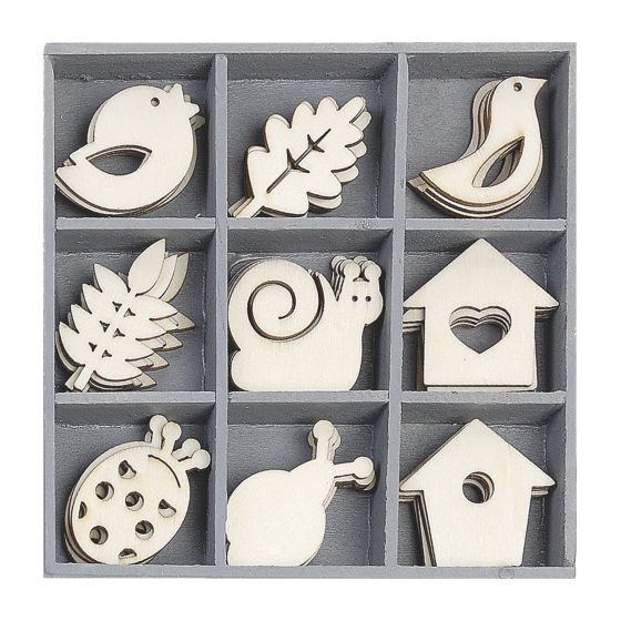 Set of 45 Wooden BIRD / SNAIL GENERAL GARDEN SHAPES THEMED Laser Cut Shapes (3cm)
