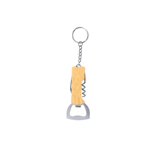 3-in1 Bamboo Wine or Beer Tool Keyring with Bottle Opener, Corkscrew and Blade