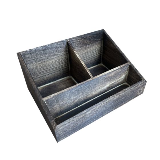 4 Compartment Sloped Rustic Dark Brown Wooden Condiment Caddy or Tea Box