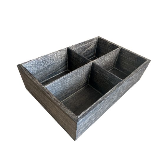 4 Compartment Open-Top Rectangular Rustic Dark Brown Wooden Condiment Caddy or Tea Box