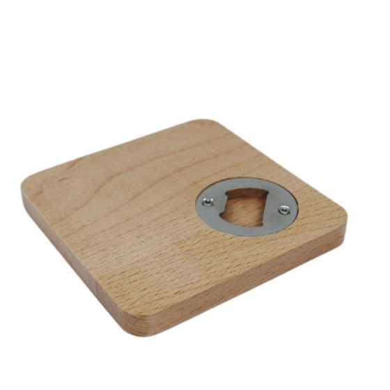Solid Beech Wood 10cm Square 2-in1 Bottle Opener Coaster / Beer Mat - Unvarnished