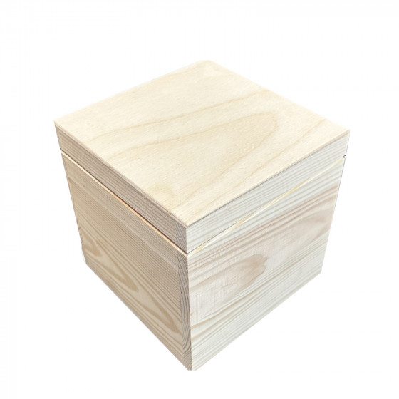 Solid Pine Wood 16cm Cube Storage Box with Hinged Lid - Unvarnished
