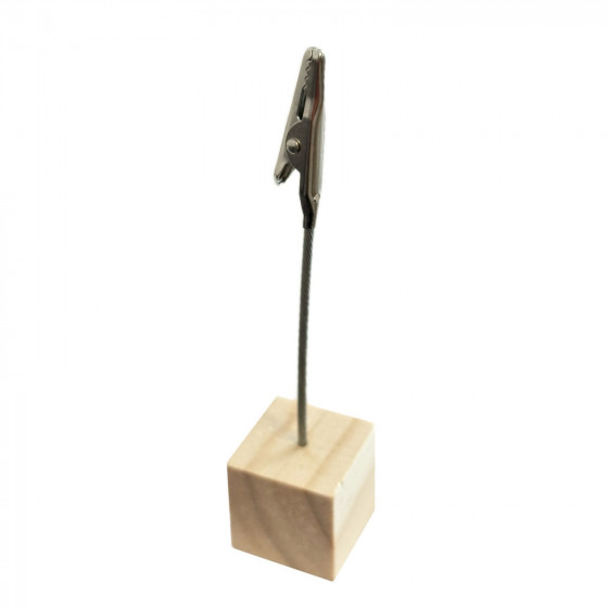 Metal Photo or Name Card Holder Clip with Pine Wooden 2.5cm Cube Stand - Wedding or Party Items