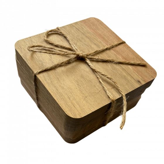 Set of 4 Solid Acacia Wood Plain 10cm Square Coasters / Drinks Mats Pack - Unvarnished