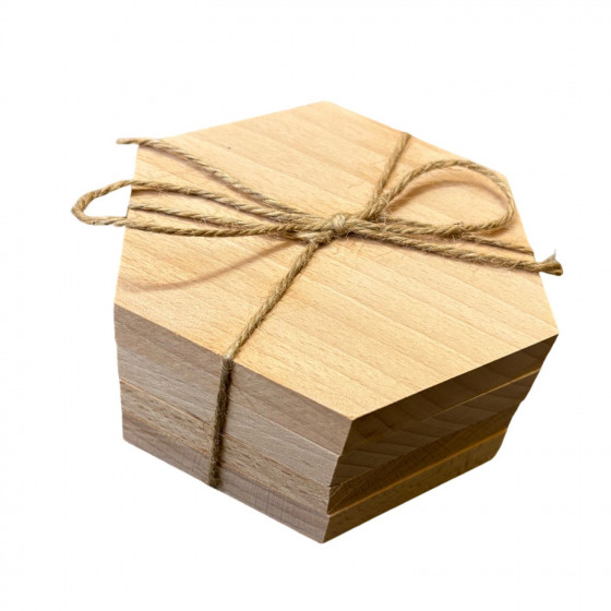 Set of 4 Plain Solid Beech Wood Hexagon Coasters / Drinks Mats Pack - Unvarnished
