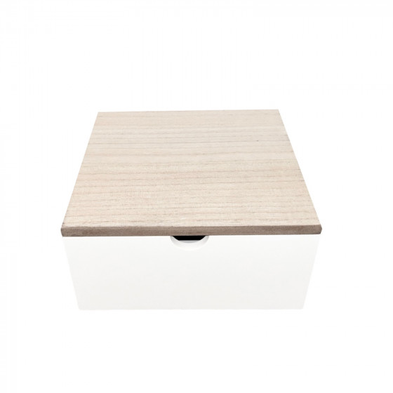 LIMITED EDITION 20cm Square White Painted Wooden Box with Natural Wood Lid and Finger Space Detail