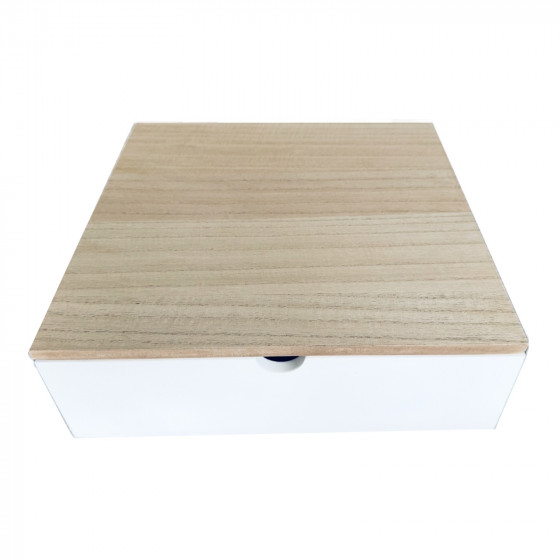 LIMITED EDITION 30cm Square Large White Painted Wooden Box with Natural Wood Lid and Finger Space Detail