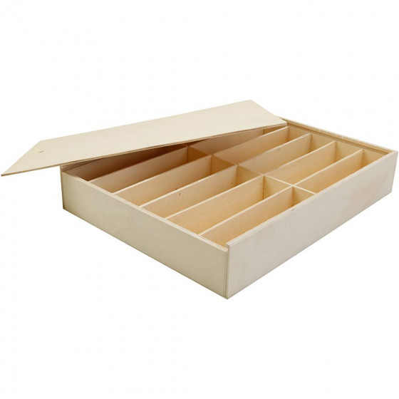 LIMITED EDITION!  Large 37cm Rectangular Wooden 12 Compartment Storage Box Organiser with Sliding Lid and Finger Hole Opening